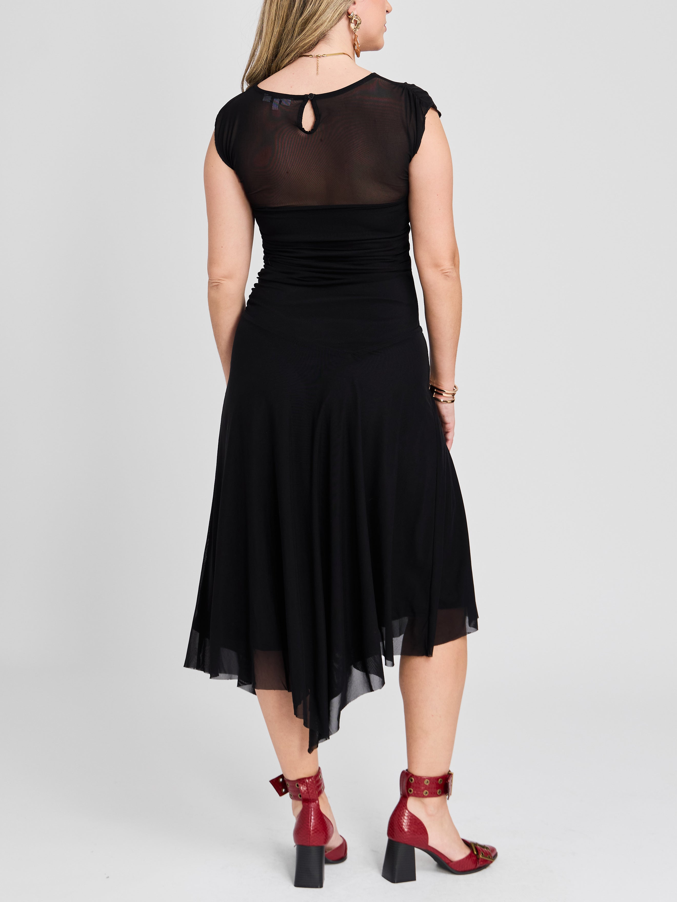 The Asymmetric Hem Mesh Midi Dress