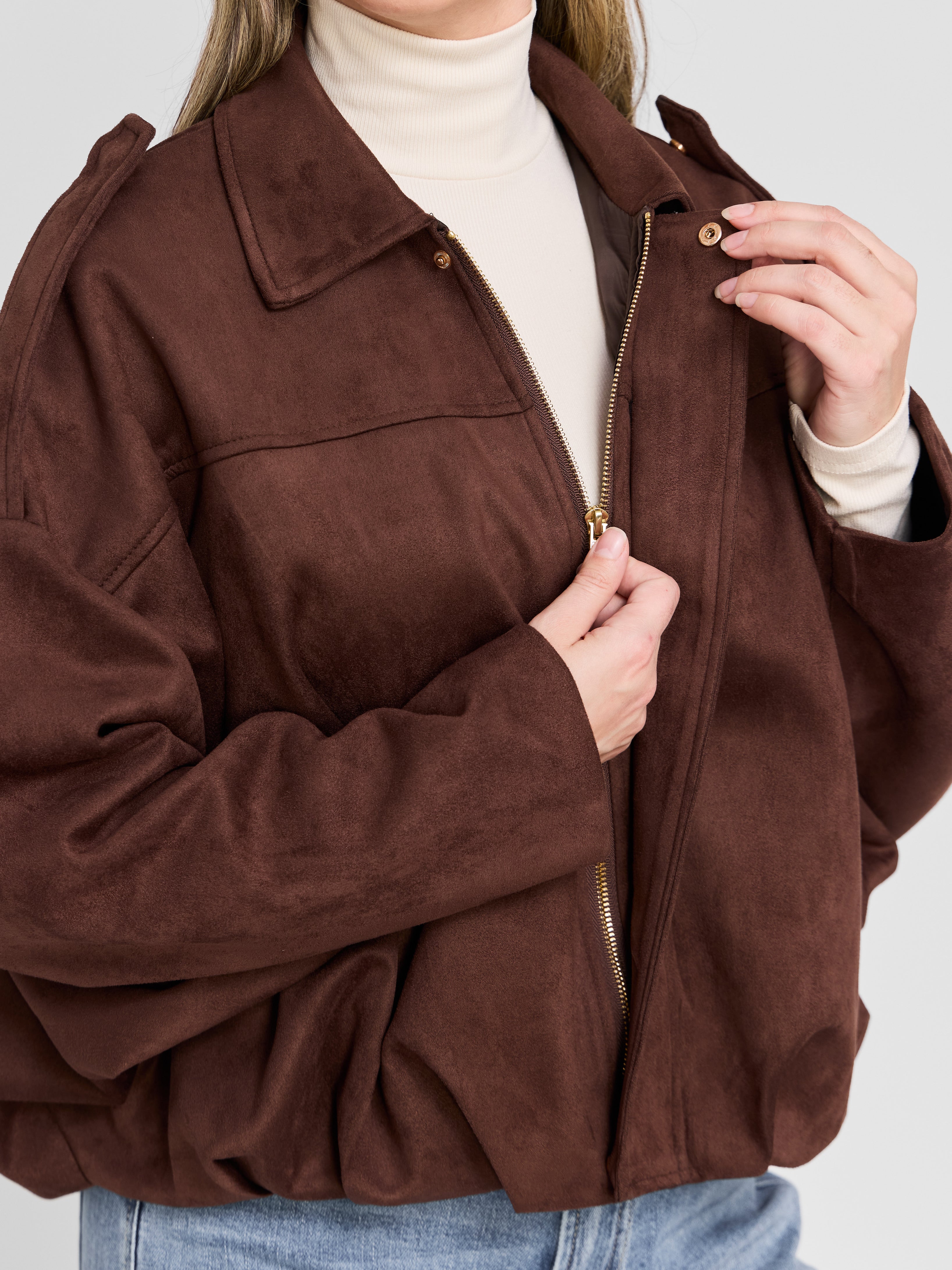 The Oversized Vegan Suede Bomber Jacket