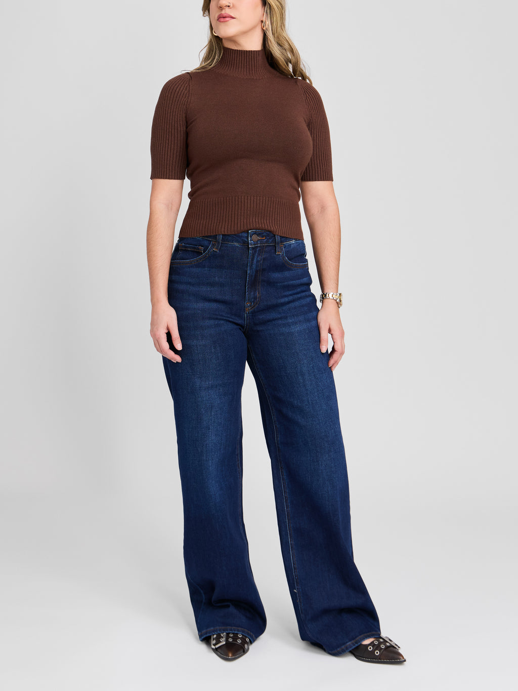 The Knit Short Sleeve Mock Neck Sweater Top