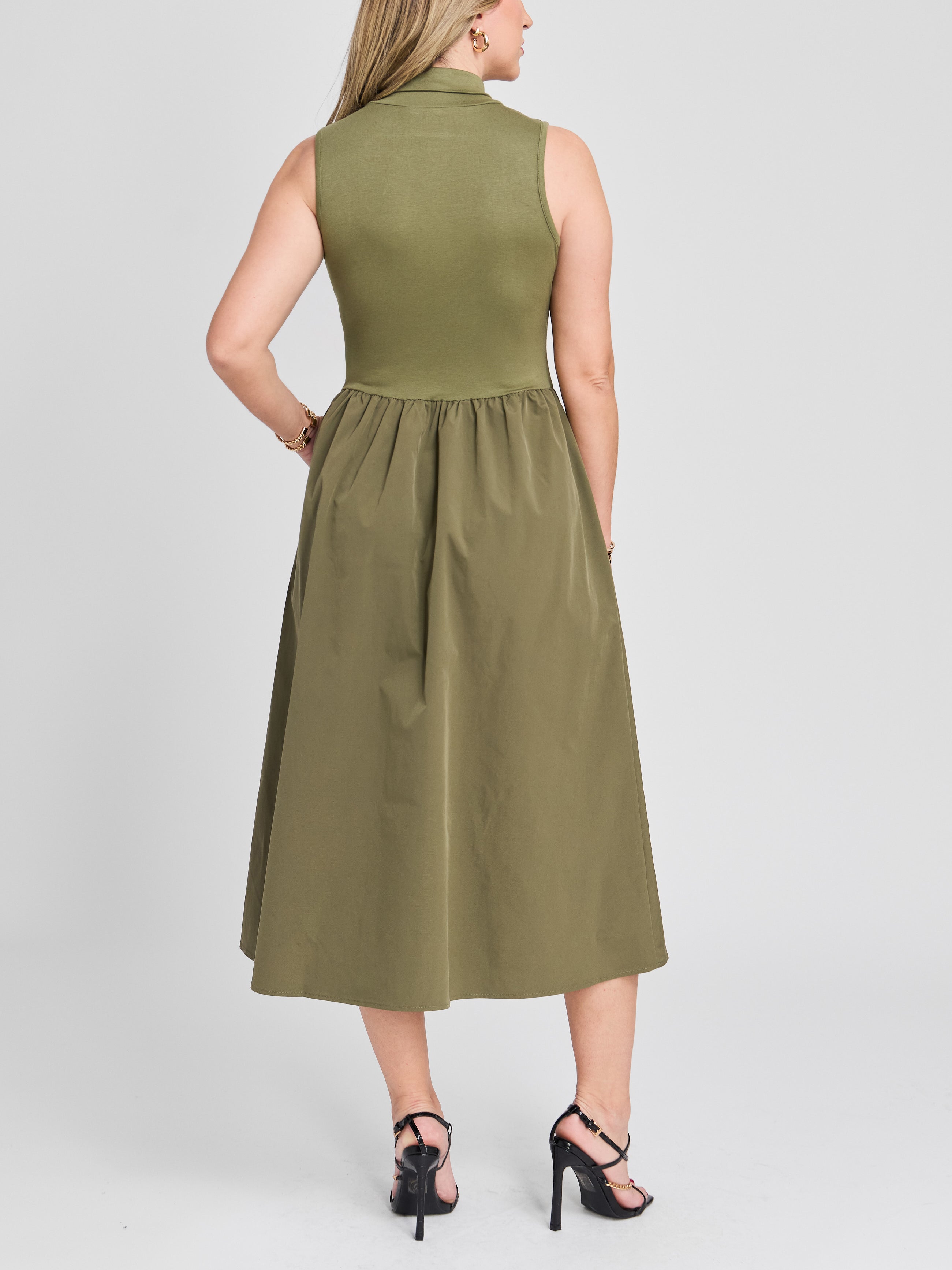The Two Tone Sleeveless Mock Neck Midi Dress