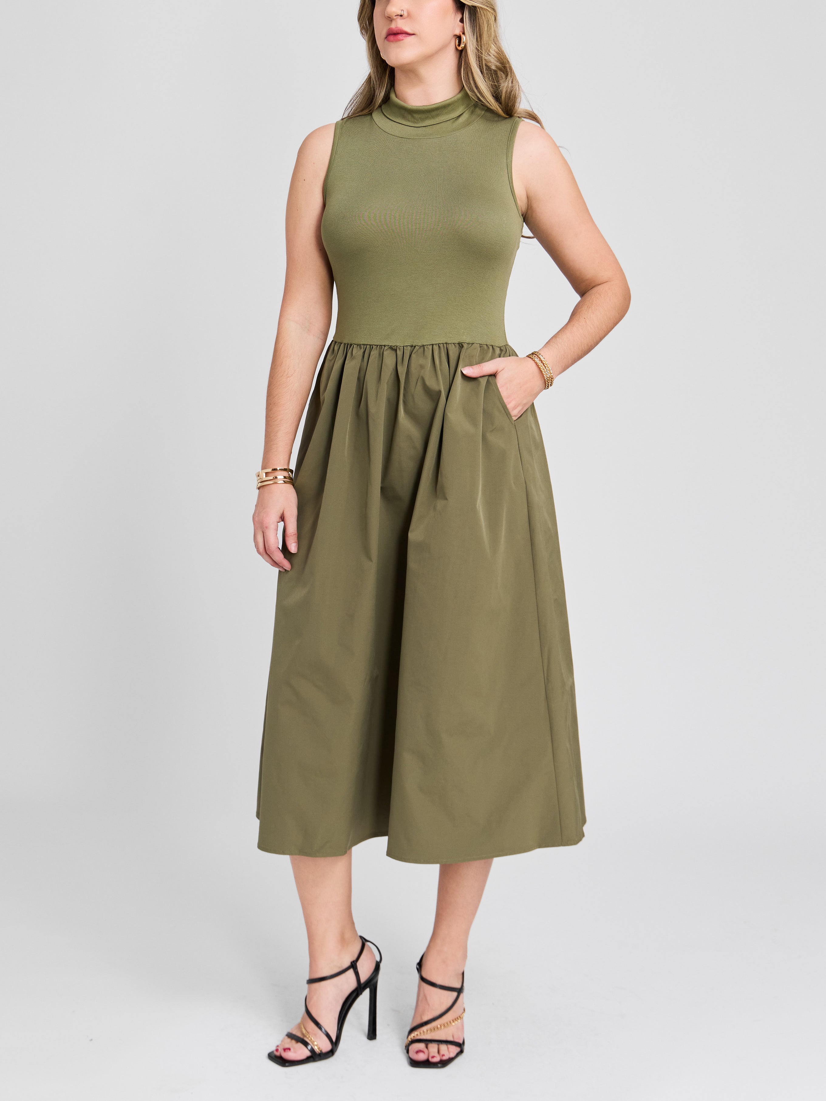 The Two Tone Sleeveless Mock Neck Midi Dress