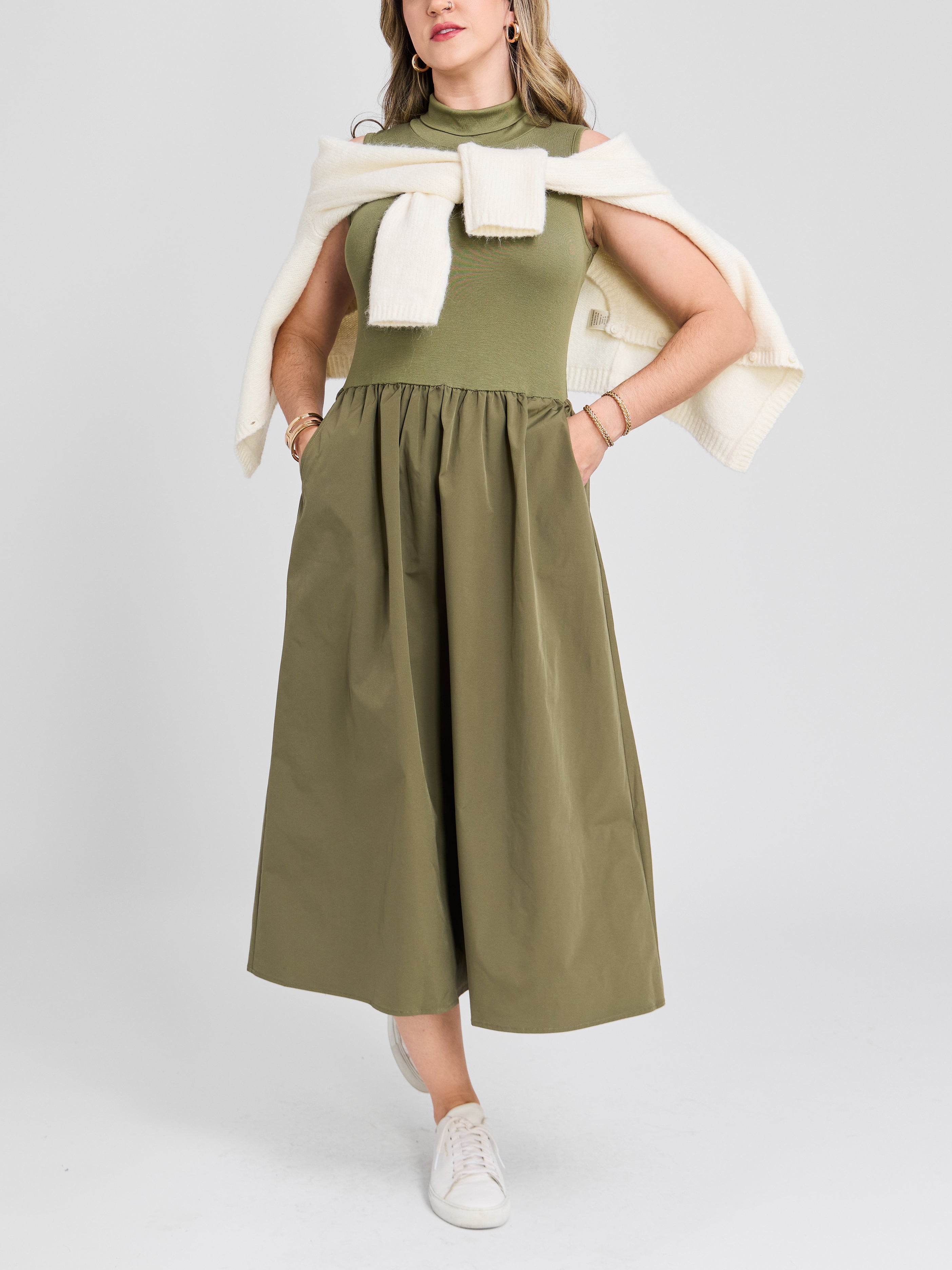 The Two Tone Sleeveless Mock Neck Midi Dress