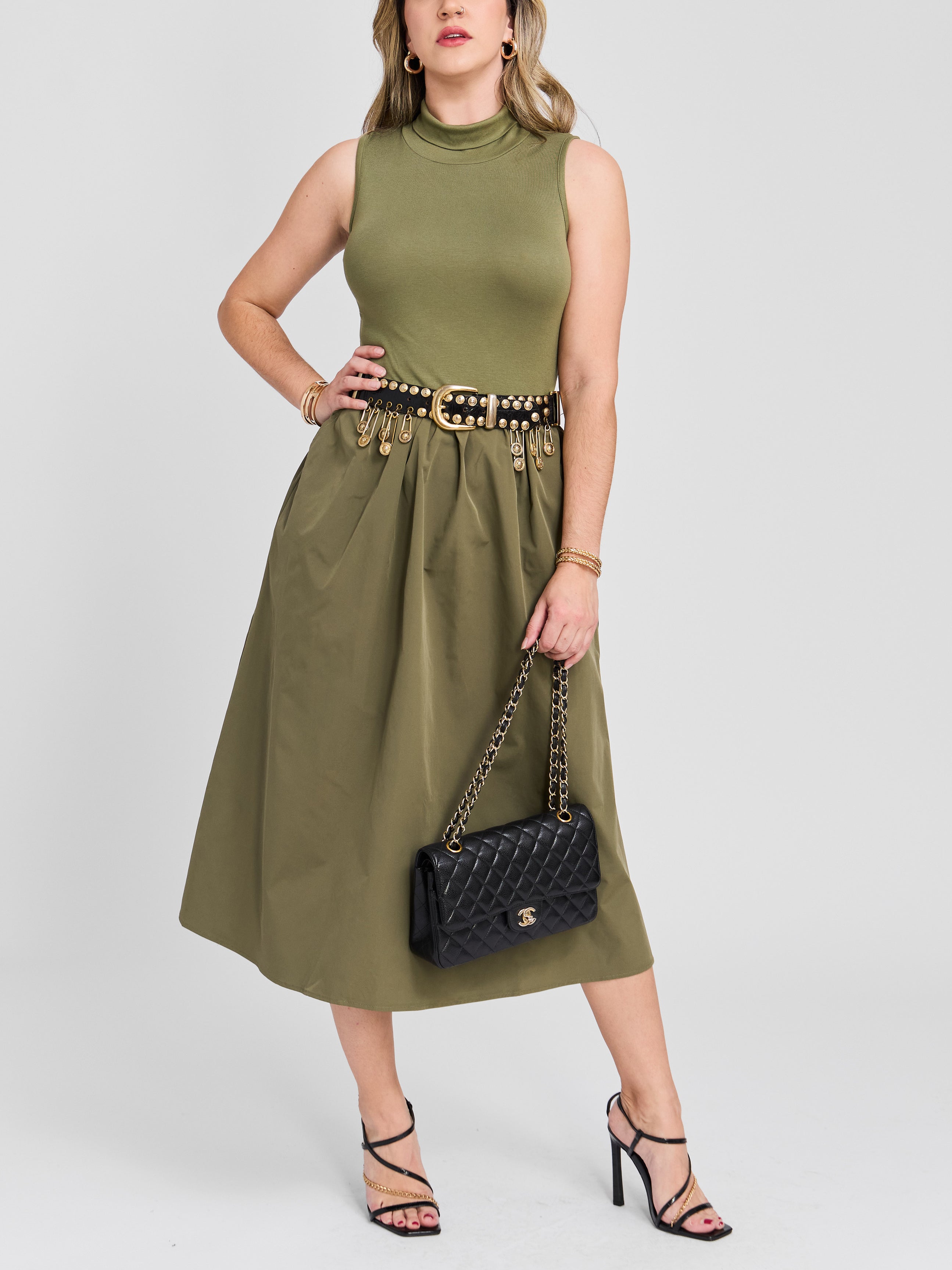 The Two Tone Sleeveless Mock Neck Midi Dress