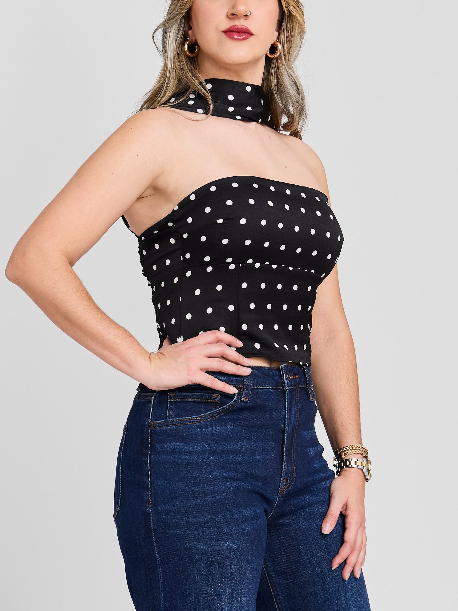 The Polka Dot Scarf Neck Top