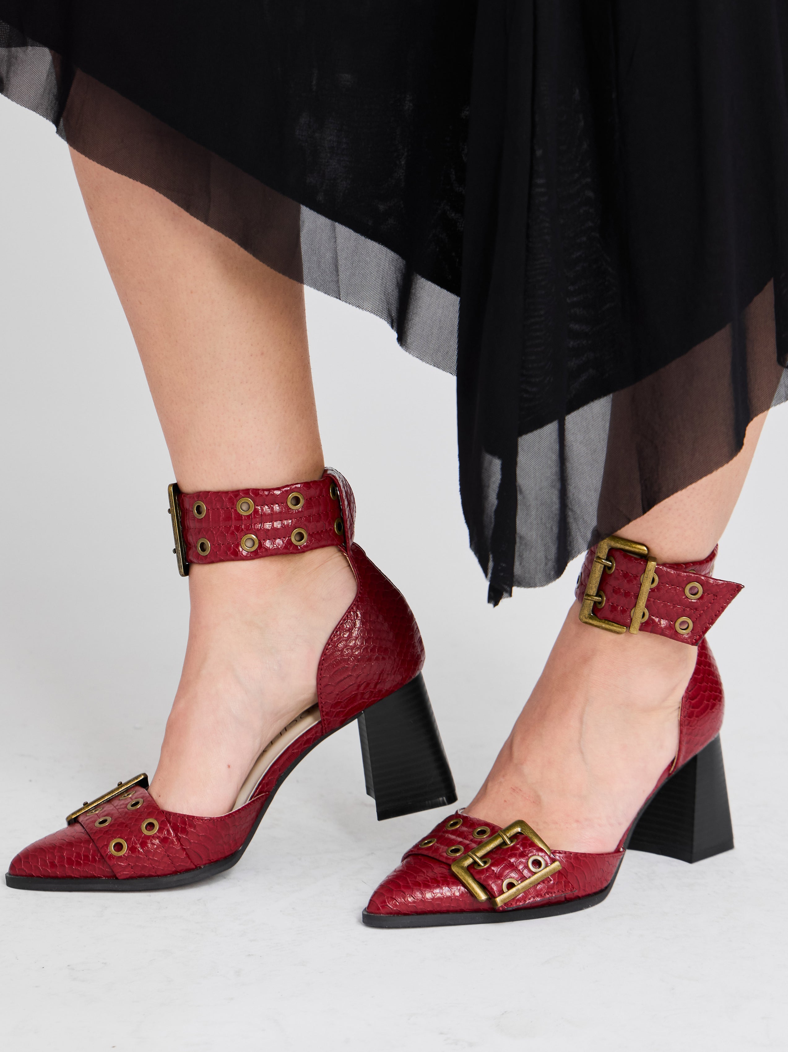 The Croc Embossed Double Buckle Pointed Toe Heel